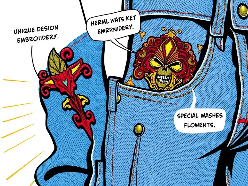 Image showcasing unique design elements of premium jeans, such as custom embroidery, special washes, or unique pocket designs, highlighting the exclusivity of DenimHaus styles.